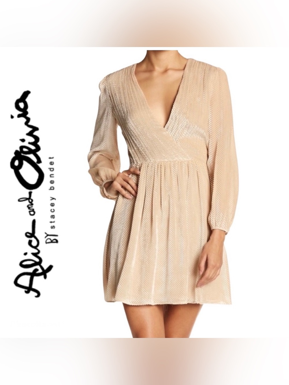 Alice + Olivia Nude Blush Wrap V-Neck Long Sleeve Dress